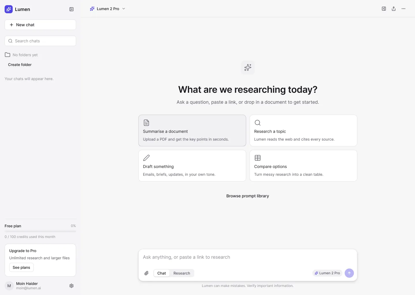 Lumen AI composer with Chat and Research toggle