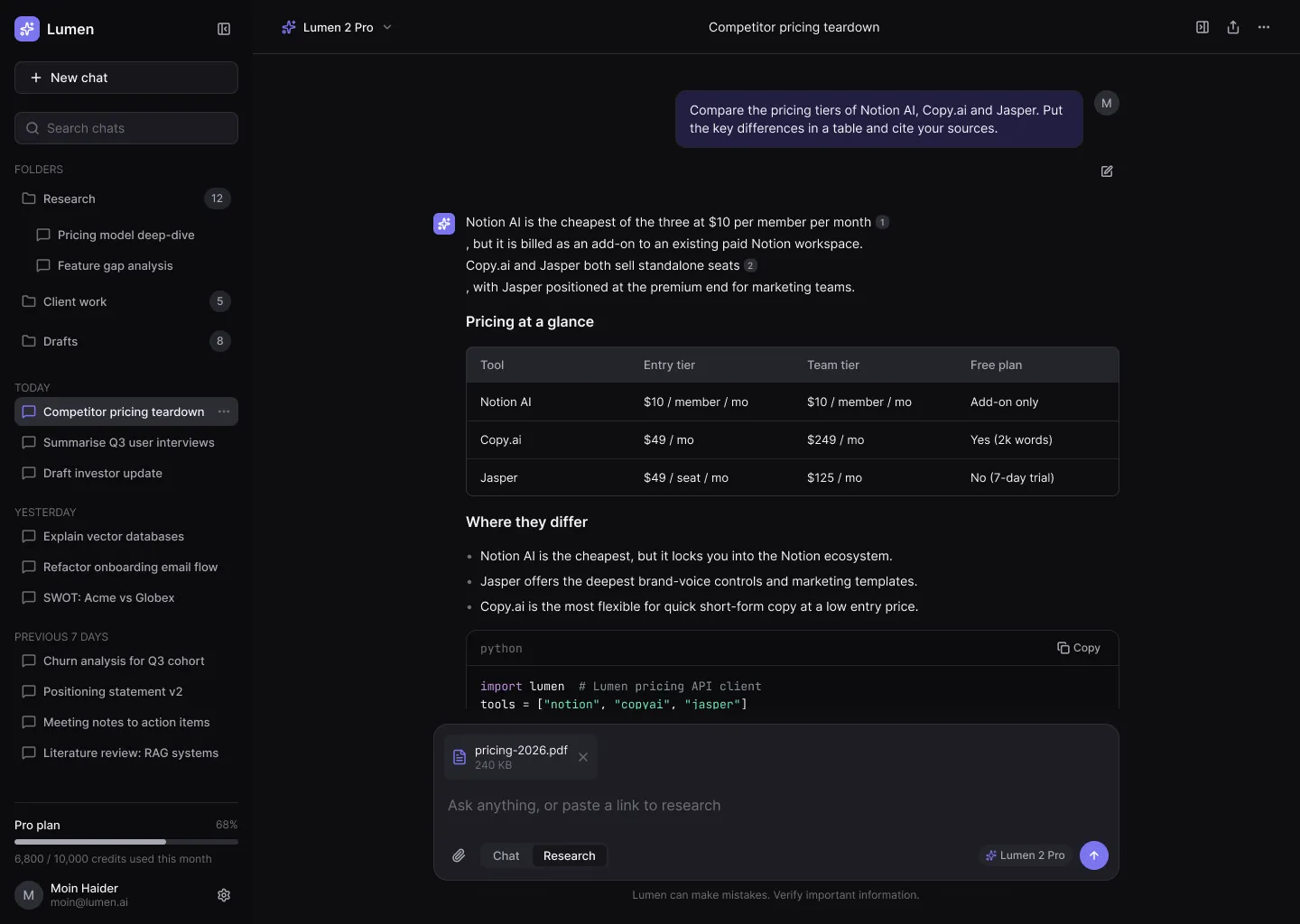 Lumen AI answer with sources panel