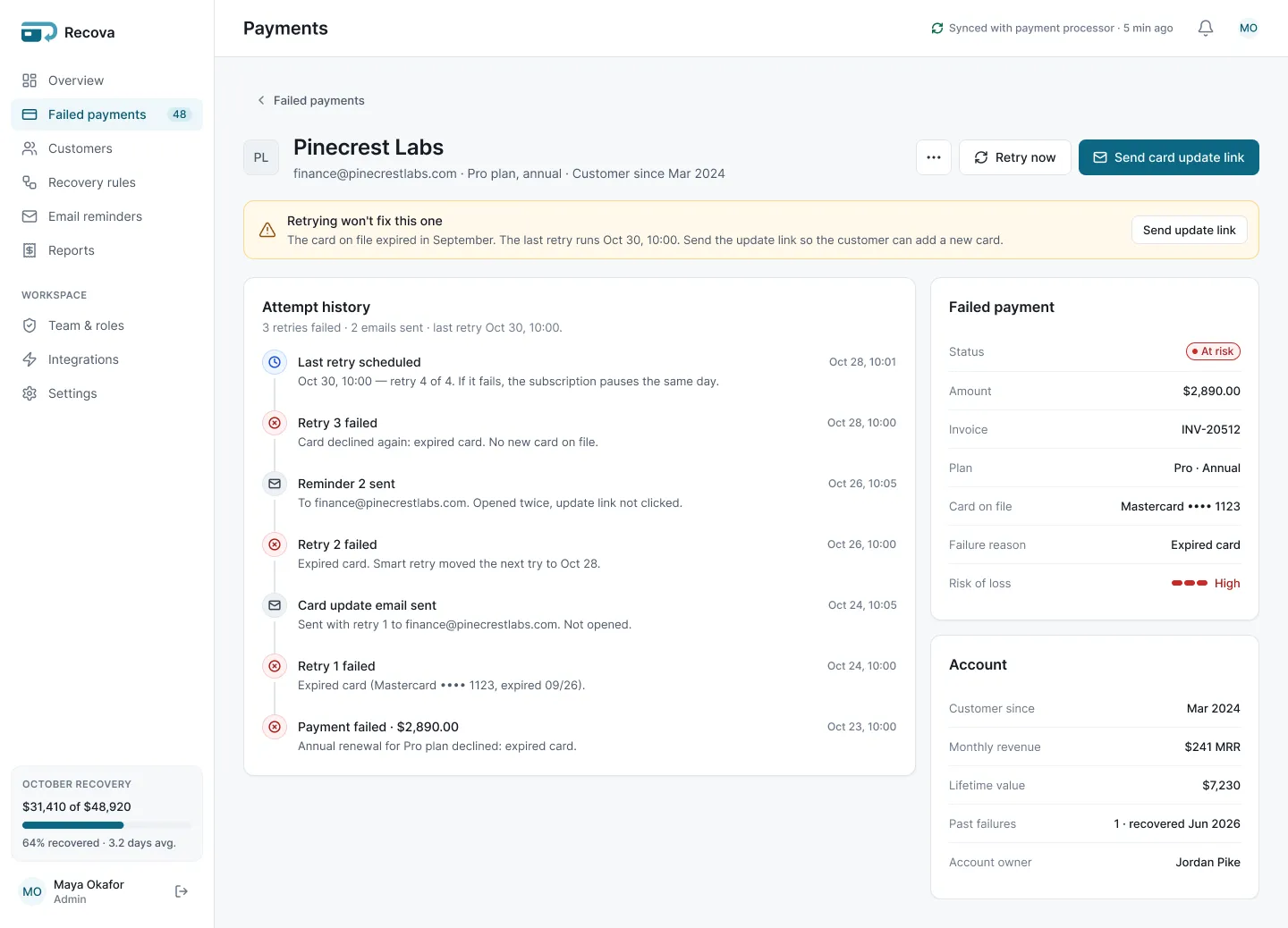 Recova customer detail with the attempt timeline