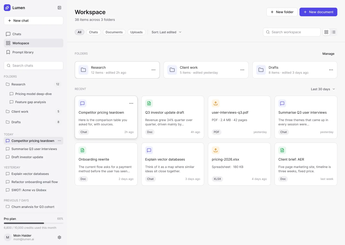 Lumen AI workspace with folders