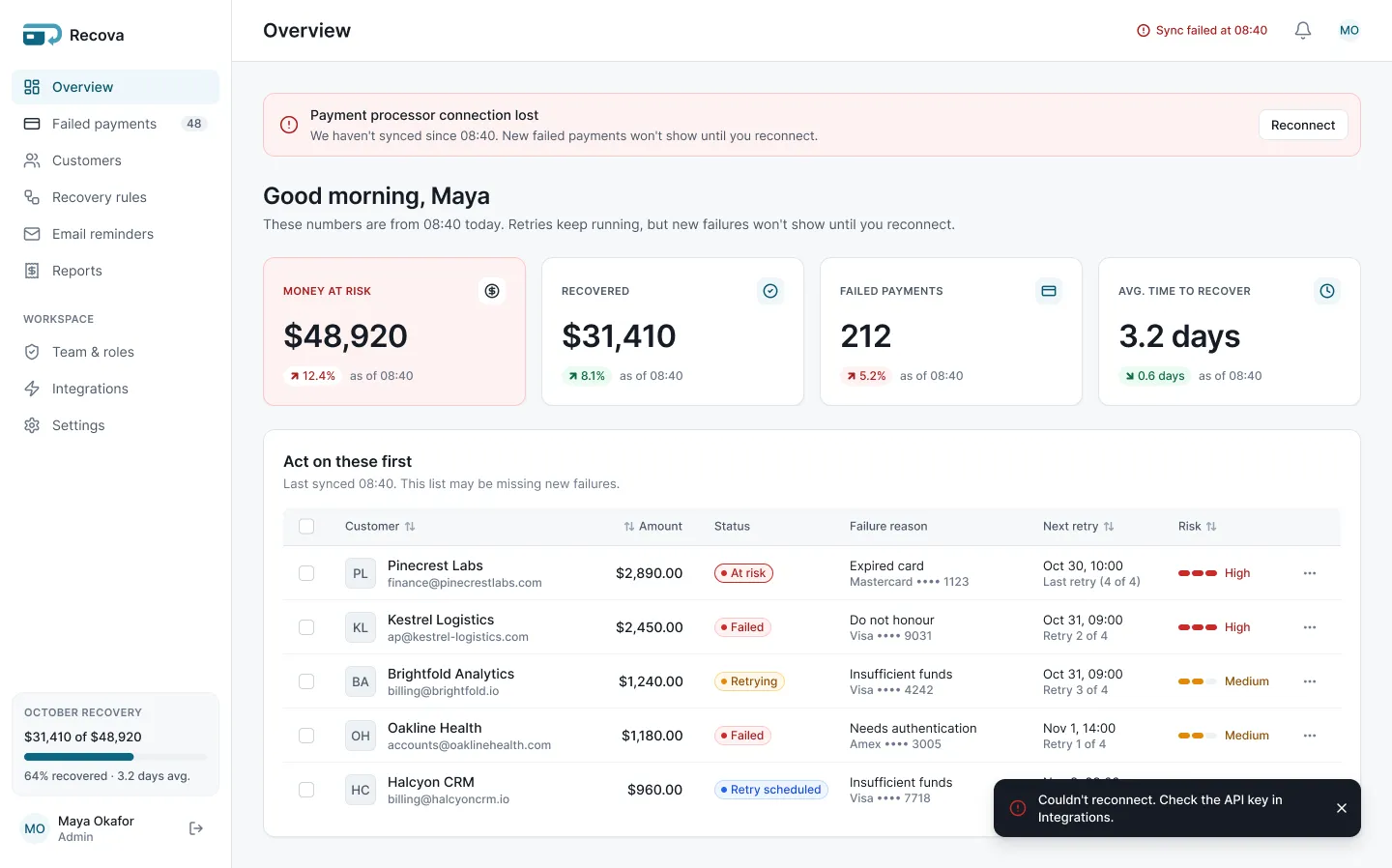 Recova Overview after a sync error
