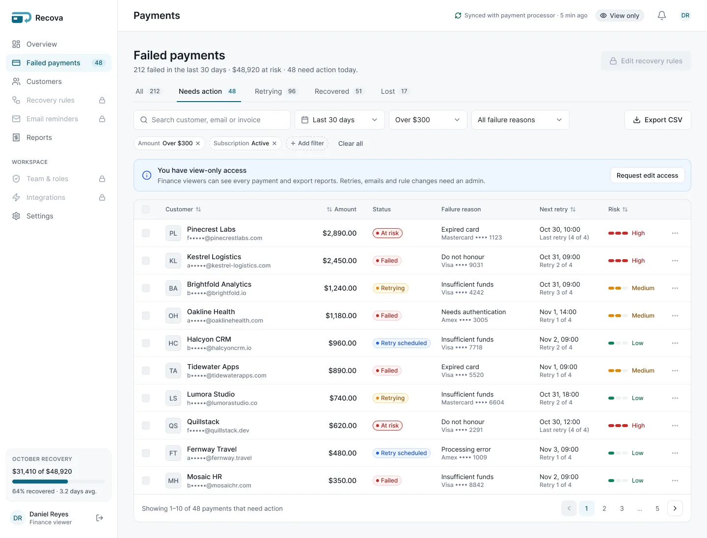Recova queue as a read-only finance viewer