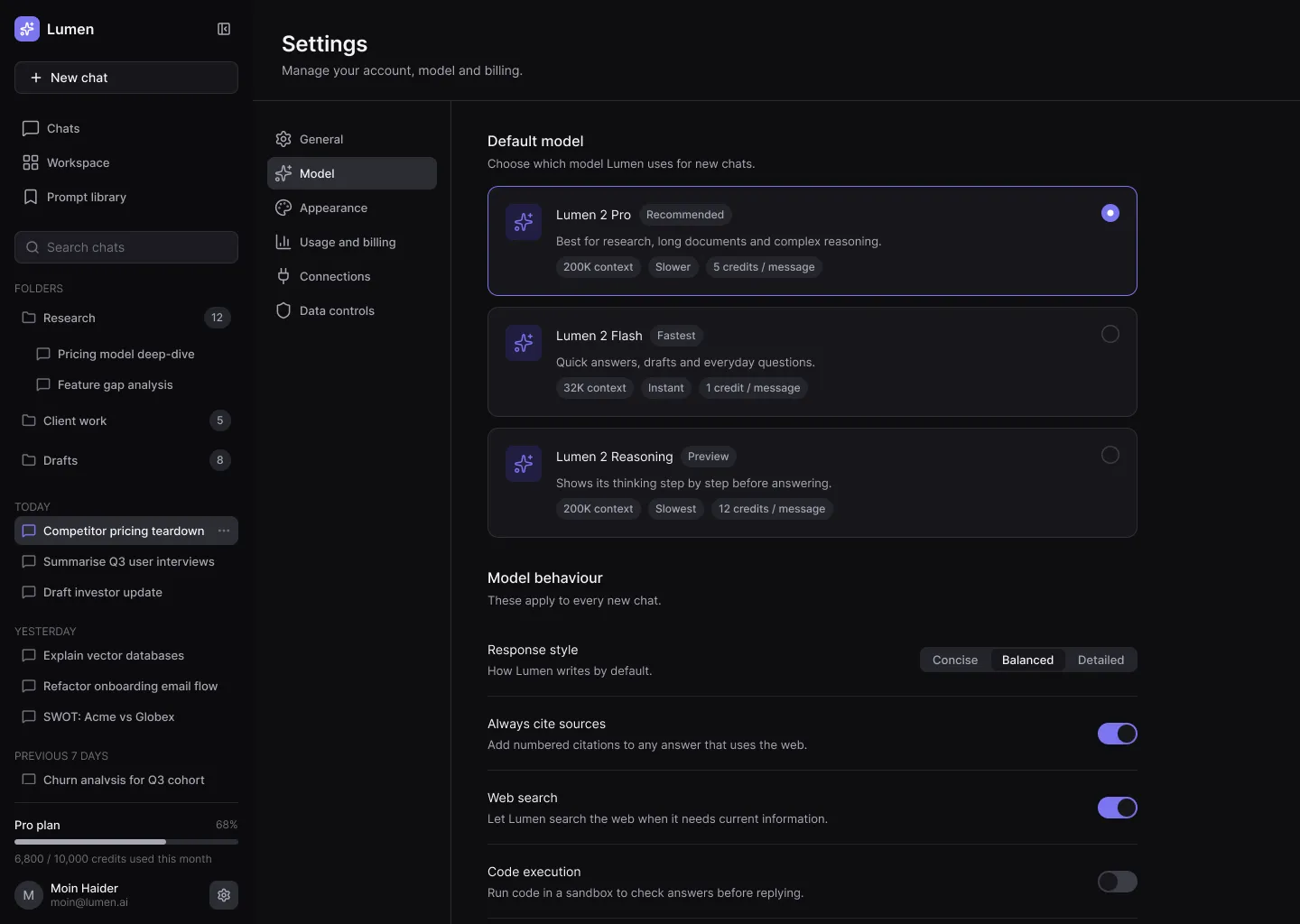 Lumen AI model settings