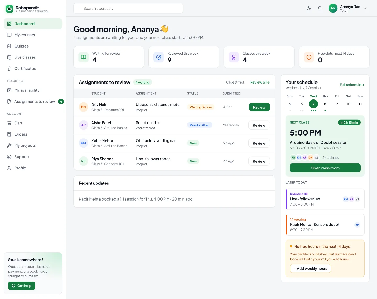 Redesigned tutor home