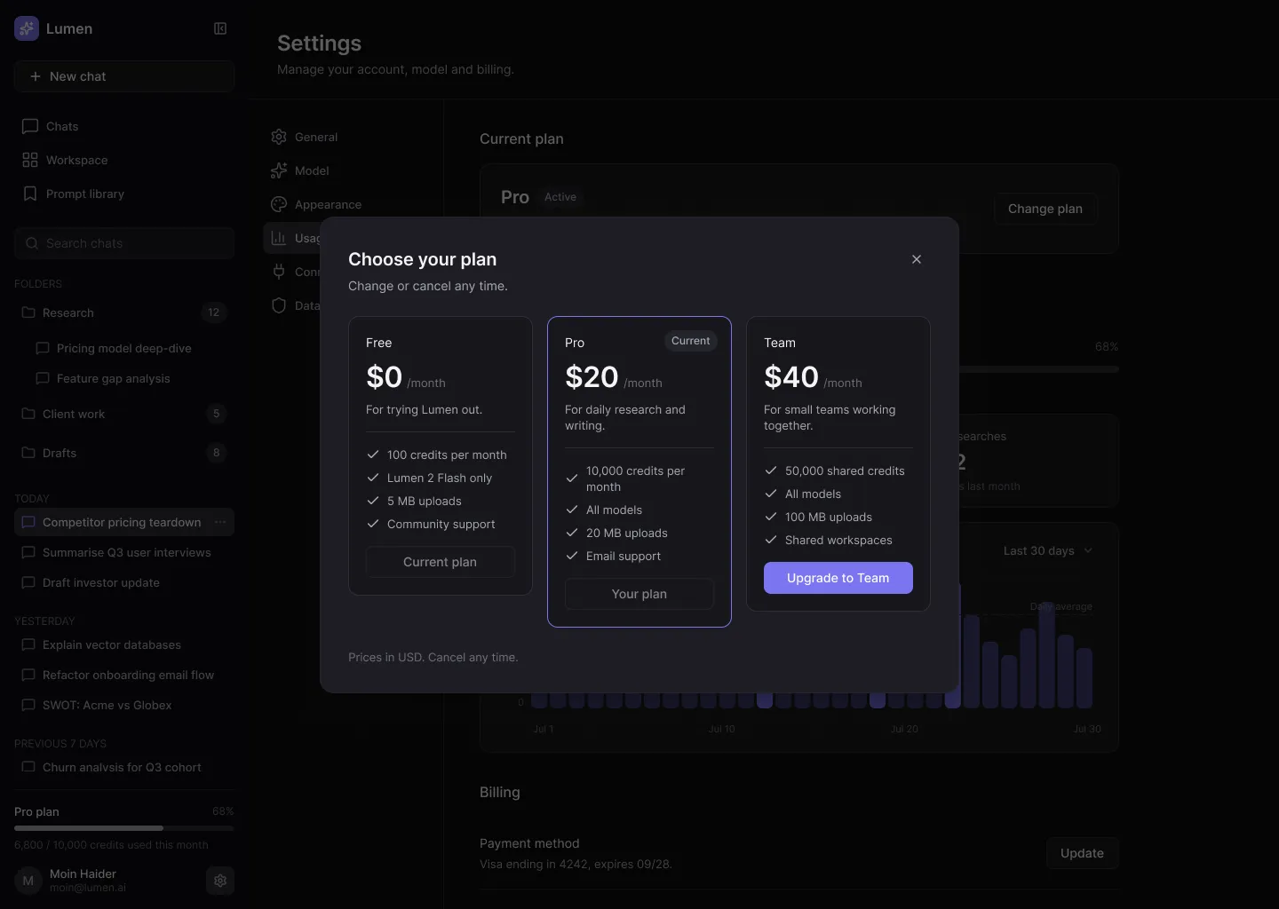 Lumen AI upgrade modal